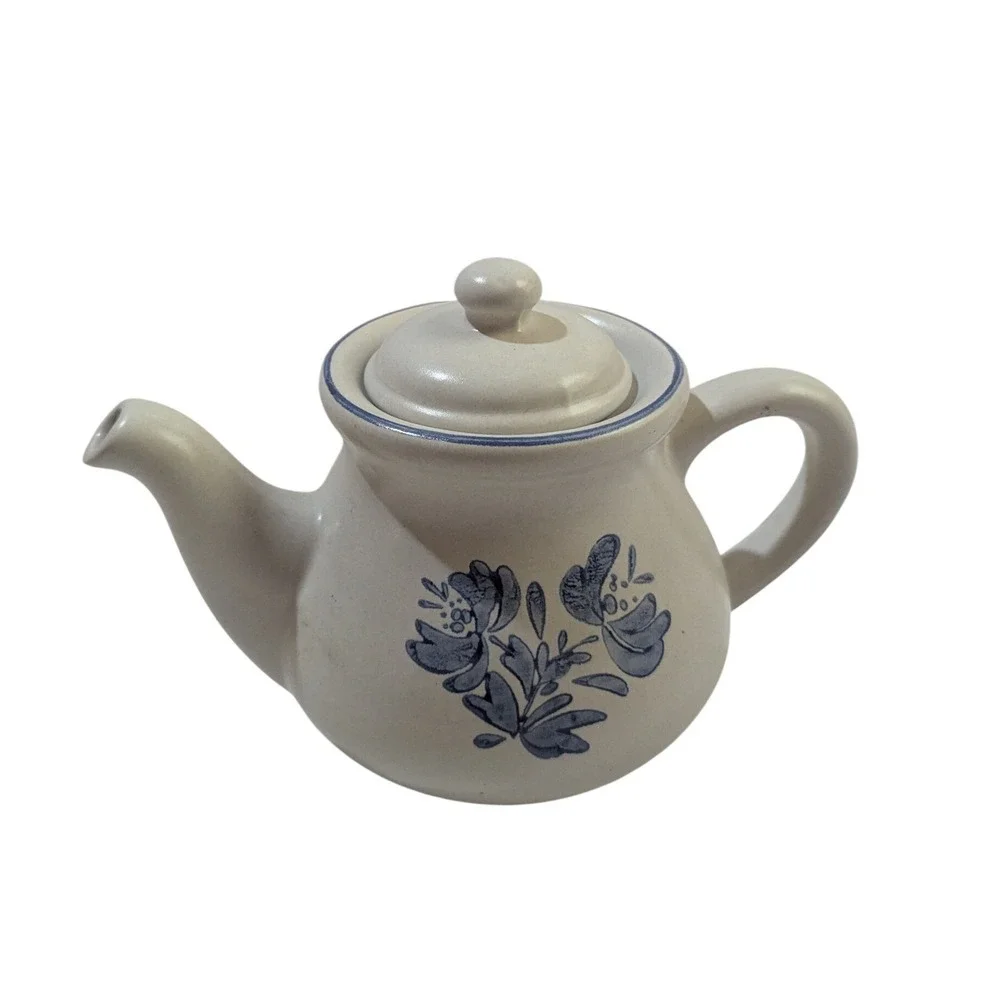 Pfaltzgraff Yorktowne Teapot with Lid Blue Floral Gray Stoneware Vintage Pottery